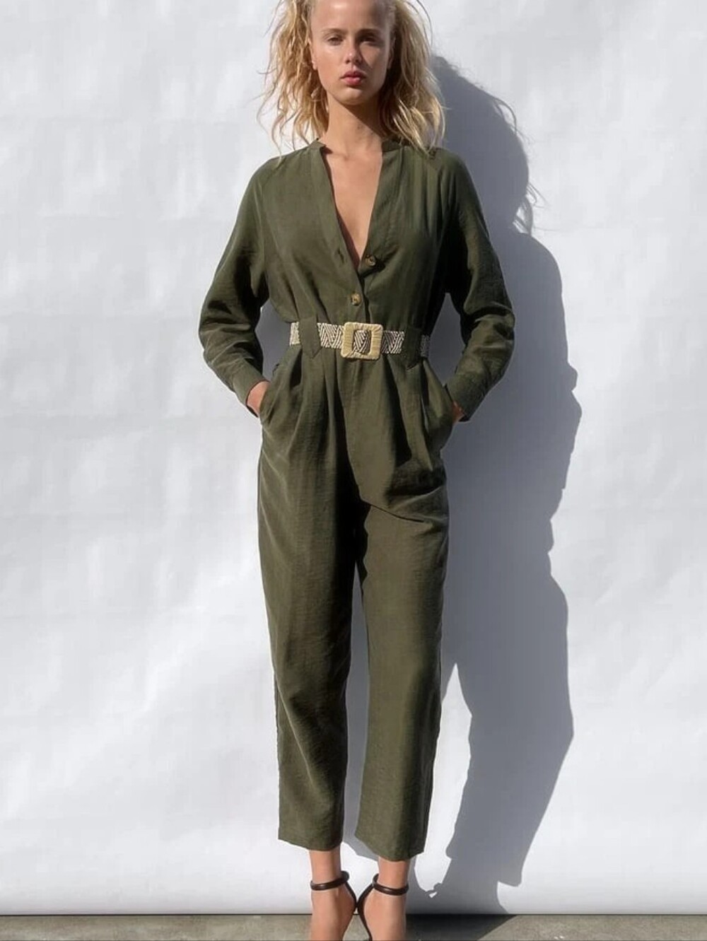 XARA LONG BELTED JUMPSUIT DARK KHAKI - Sz M NWT